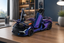 A metallic purple and blue Lamborghini-style sports car model with open butterfly doors, displayed on a wooden desk in a modern home office setting.