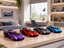 Four toy sports cars in purple, red, gray, and blue are lined up on a light wood table in a modern, sunlit bedroom.