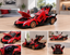 A red and black toy sports car with butterfly-style open doors and gold wheels, shown on a wooden tabletop with a blurred living room background. Five smaller inset views around the main photo show different angles of the same toy car.