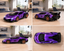 A purple and black sports car model shown in four views: front three-quarter, rear three-quarter, side, and top-down, displayed on a light wood floor in a modern living room setting.