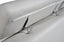 Close-up of Lawson light grey sofa showing adjustable headrest mechanism with chrome support brackets.