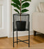 Black metal plant stand with a potted plant in a living room setting.