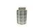 Short ceramic canister with black patterns and gold detailing, perfect for décor accents.