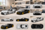 A 3x3 collage showing multiple views of a toy model sports car, including front, rear, side, and top-down angles in both silver and black versions with gold wheels, displayed on a light surface.