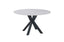 Miles round dining table with black frame and white marble top, minimal modern design.