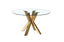 Miles round dining table with polished gold frame and clear tempered glass top, luxury design.