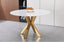 Miles round dining table with gold stainless frame and white marble top, luxury dining style.