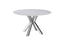 Miles round dining table with silver polished frame and white marble top, elegant and contemporary.