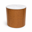 Warm brown wood round bedside table with marble top offering compact stylish storage for cozy bedrooms