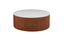 Round walnut fluted coffee table with white marble top blending warmth and modern luxury