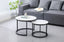 Romana nesting coffee tables in black frame with white marble tops, compact stylish arrangement.