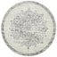 Elegant round silver rug with ornate floral patterns in grey and white tones – top view.