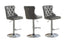 Contemporary grey velvet tufted swivel bar stool with stud trim and silver stand.