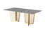 Serena Dining Table gold stainless frame with sophisticated grey marble top and modern design.