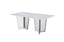 Serena Dining Table polished silver stainless frame with luxurious white marble top centerpiece.