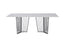 Serena Dining Table with polished silver stainless frame and elegant white marble stone top.