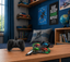A black wireless remote controller and a green-and-black toy drone with colorful LED lights are placed on a wooden table in a styled bedroom setting with blue walls, posters, shelves, and toys.