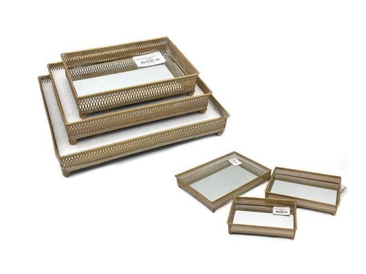 Gold Metal Moroccan Rectangle Tray - Set of 3 - Elegant Collections 