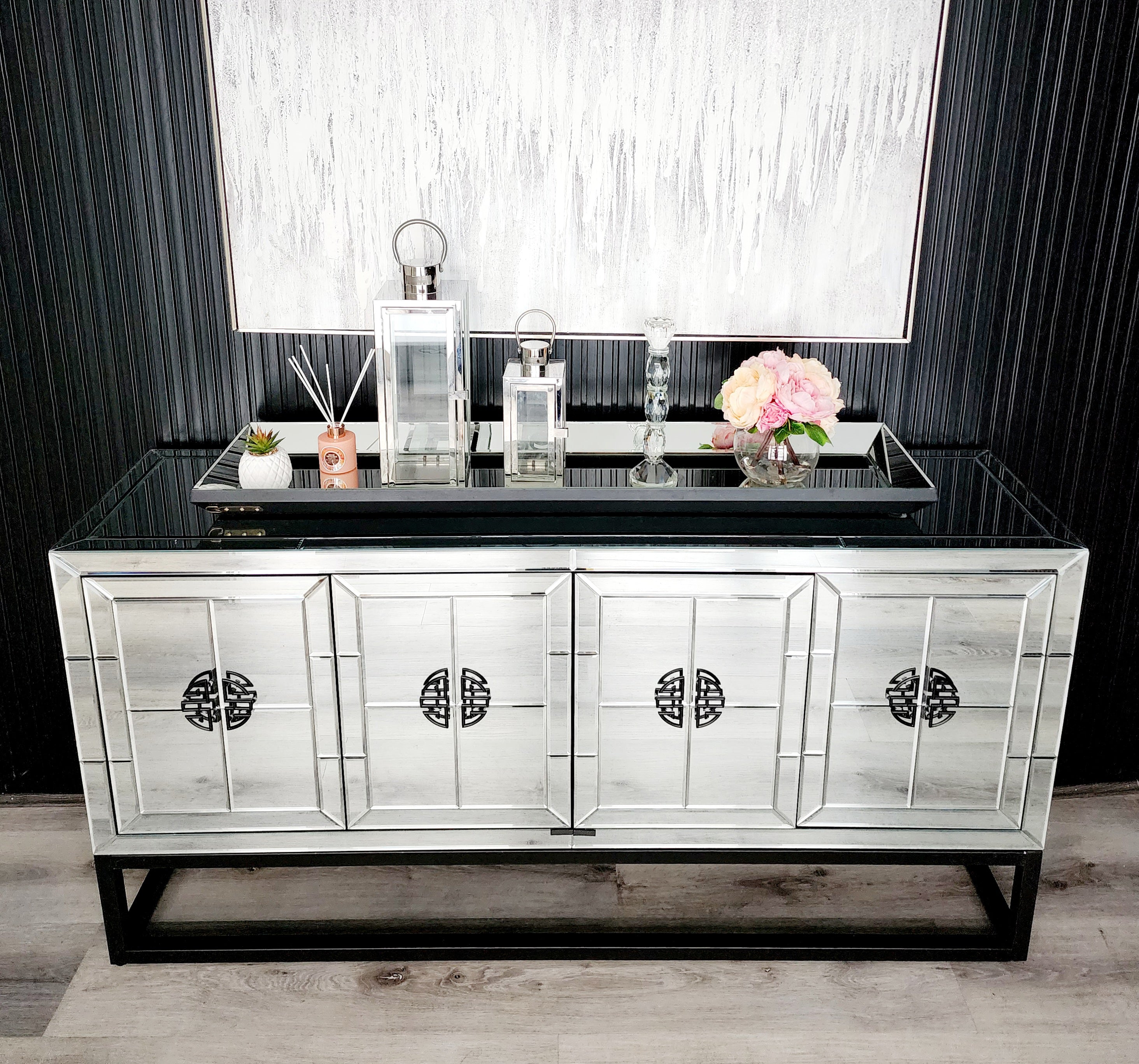 Elegant Collection Athens Mirrored Buffet Table – Black – Elegant
